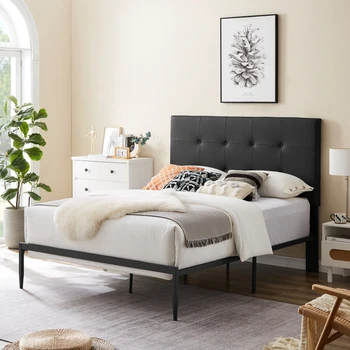 Модерен Рамка на легло с покритие от PVC, Дървена дъска с подобно на гъба слой, Здрава желязна Рамка с висока температура боя, Размер Queen Size