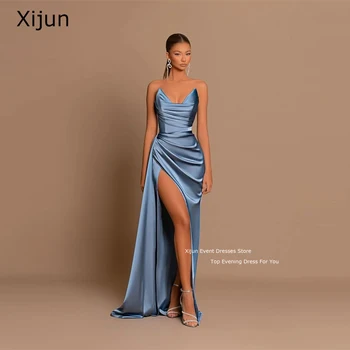 Прости сини сатенени вечерни рокли Xijun за специални случаи, рокля за абитуриентски бал с висока цепка отстрани, вечерна рокля с V-образно деколте, Рокли за абитуриентски бал 2023 За жени