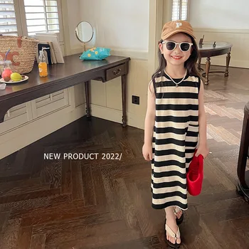 Детски дрехи, дрехи за момичета, ежедневна рокля със средна дължина, без ръкави в корейски стил, 2023, ново модно пролетно-лятна рокличка