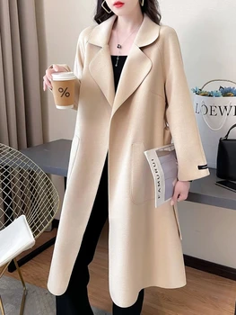 Туид яке, палто, вълнена, Елегантен тренч за жени, Свободни дълго яке с колан, Нова дамски зимни дрехи 2023, корейската мода