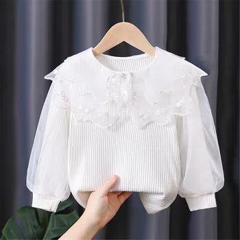 От 3 до 12 години, пролет-есен, памучен блуза за малки момичета, бели дантелени ризи с дълги ръкави и лък, детски пуловери, блузи, бебешки дрехи
