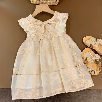 Летни детски рокли принцеса с дълги ръкави, памучно бельо празнична рокля с бродерия за малки момичета, детски дрехи