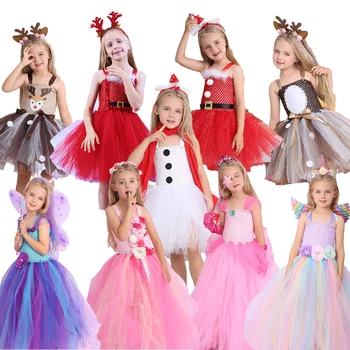 Костюми на принцеси за cosplay на Хелоуин за момичета, детски Коледни рокли за рожден Ден с дължина до коляното, Снежанка, Аврора, розов