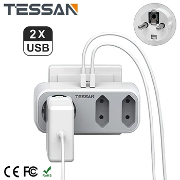 Разклонител контакта TESSAN Plug EU с 1/3 Розетки на променлив ток и 2 USB порта захранващ Адаптер 5V 2.4 A СЪС Защита от Претоварване за Пътуване в дома си