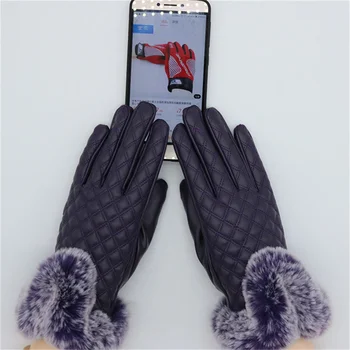 2022 Модни дамски топли дебели зимни ръкавици, кожени елегантни маркови ръкавици за момичета свободен размер, с кроличьим кожа, дамски ръкавици