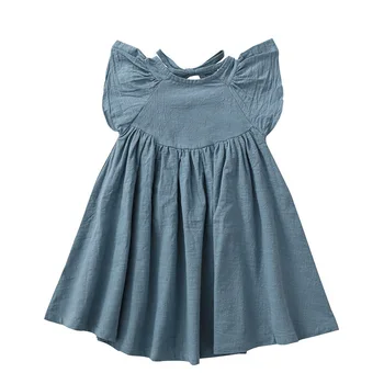 Лятна рокля за малки момичета, ленено бебешка рокля с волани, обикновен детски рокли за момичета, модни детски дрехи