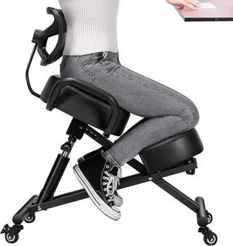 Ергономичен стол за коленопреклонения с облегалка, регулируема по височина, с дебела и удобна възглавница и плавно движещите колела Правилно