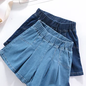 Дънкови къси панталони за момичета 2023 г., летни нови модни дънкови памучни панталони с еластичен ластик на талията, широки шорти за деца в корейски стил