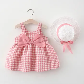 Rose клетчатое рокля с лък за момичета, летни дрехи, сладки ежедневни, плажни рокли, костюми за деца, детски дрехи, пола за момичета + солнцезащитная шапка, 2 броя