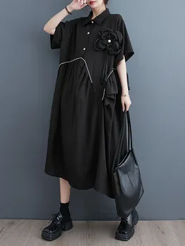 Лято 2023, Ново корейското модно черно женствена рокля с ревери, Vestidos, свободни Макси рокля с къси ръкави в стил мозайка с големи размери и цветове