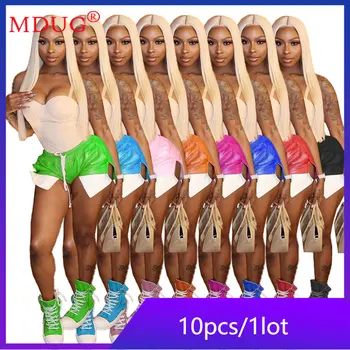 10 бр. летни къси панталони за жени, джоб от изкуствена кожа, мозайка шиене, къси панталони с цепка на съвсем малък, улични долните панталони на Едро M11208